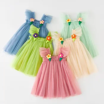 2023, Летнее тюлевое платье милой принцессы для девочек с цветами