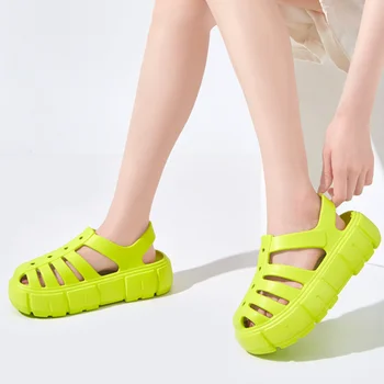 2023 Новые женские босоножки на толстом каблуке в римском стиле, приморская водонепроницаемая женская обувь, Дышащая платформа с отверстиями, уличные сандалии Femme