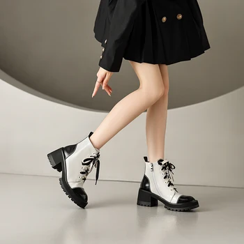 2023 Новые осенне-зимние женские ботинки, короткие ботинки на шнуровке, Женская обувь с круглым носком, Ботинки на платформе на толстом каблуке с застежкой-молнией, Ботильоны