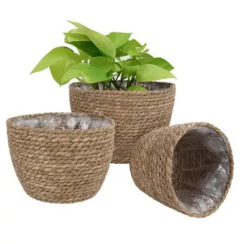 3 ШТ. бамбуковые корзины для хранения белья из соломы в стиле пэчворк, плетеный ротанг, водоросли, садовый цветочный горшок, корзина для кашпо
