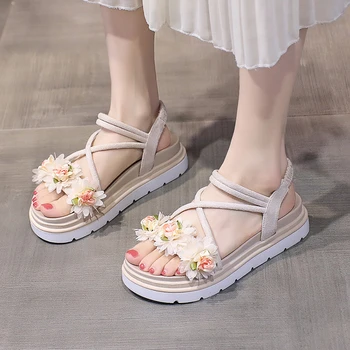 BCEBYL/ Летняя модная женская обувь с круглым цветочным украшением, Новые повседневные дышащие сандалии на плоской подошве с мелким носком