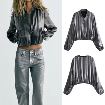 UNIZERA 2023 Летняя Новая женская одежда в европейском и американском стиле с металлической фольгой, шелковым атласом, текстурированной курткой пилота 8495350