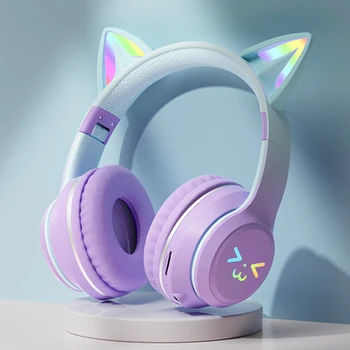 Беспроводные наушники Bluetooth RGB Cute Cat Girls Подарок для детей с микрофоном Стереомузыка Игровые Гарнитуры Контрольные лампы Наушники