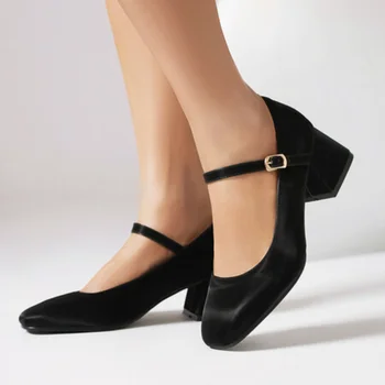 Большой размер Oversize Женские туфли Мэри Джейн с квадратными носками на толстом каблуке женская обувь с дизайном Для банкетов Удобная