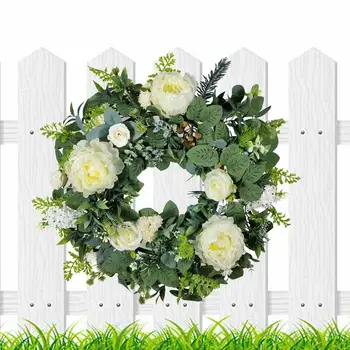 Венок из искусственного пиона, венки из пионов и зеленых листьев, венки для входной двери, весенние украшения из белых цветов, приветственные венки