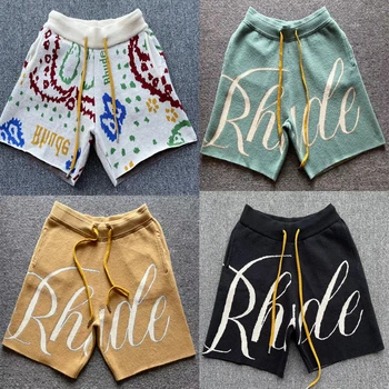 Высококачественные шорты Rhude 1:1 с буквенным логотипом, жаккардовые повседневные пляжные шорты Rhude с завязками на шнурках, трикотажные шорты Fasion.
