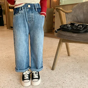Детские джинсовые брюки Baby Design Sense в корейском стиле, хлопчатобумажные джинсы для стирки, весна-осень 2023, новые модные повседневные простые брюки