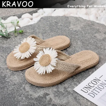 Женская обувь KRAVOO, льняные вьетнамки с плетеными деталями, тапочки, женские сандалии в цветочек, пляжные женские тапочки, уличные горки, летние
