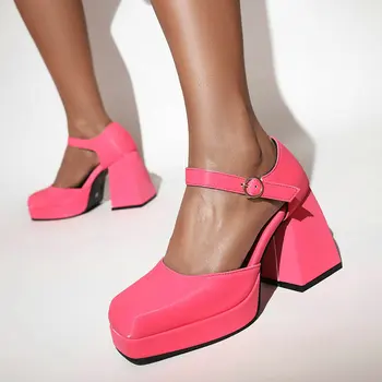 Женские босоножки Baotou, весенне-осенние маленькие кожаные туфли с квадратным носком, женские тонкие туфли на толстой подошве, высокие каблуки, неглубокие