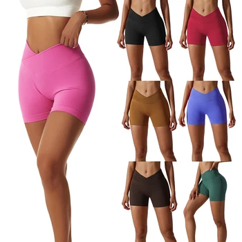 Женские летние обтягивающие шорты для йоги, Однотонные спортивные шорты с перекрещивающейся резинкой на талии
