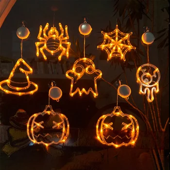 Зажгите оконные фонари на Хэллоуин Тыква Летучая мышь-паук Светодиодная атмосферная лампа на присоске Подвесная оконная лампа для домашнего декора на Хэллоуин