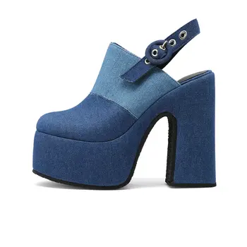 Западноевропейские женские туфли-лодочки Летние синие джинсы из денима в стиле пэчворк С закрытым носком на платформе и высоком толстом каблуке Женские босоножки с откидывающейся спинкой