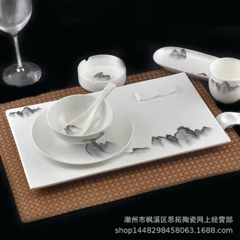 Керамическая посуда износостойкая костяная тарелка чаша ложка традиционная китайская живопись пейзаж китайское блюдо