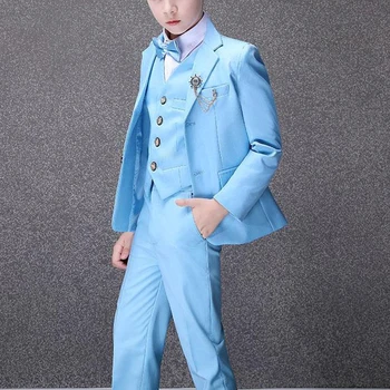 Костюм в английском стиле для мальчика, формальный повседневный свадебный смокинг, комплект из 3 предметов, модный однобортный блейзер с лацканами, детская одежда для мальчиков