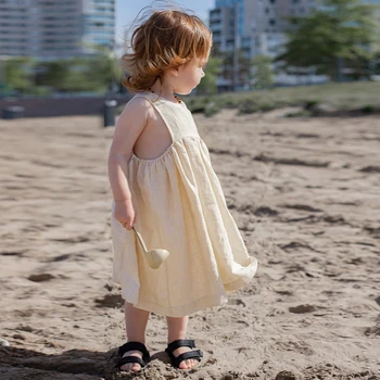 Летнее платье-жилетка без рукавов из 100% хлопка для девочек, новые повседневные детские свободные однотонные пляжные платья для отдыха