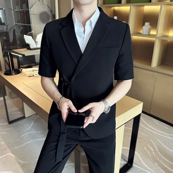 Летний повседневный модный красивый пиджак с диагональной пряжкой, Корейская версия, приталенный мужской костюм Британской моды