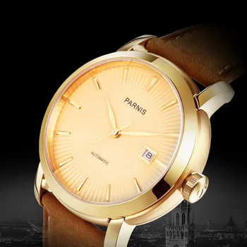 Модные мужские часы Parnis с золотым циферблатом 41 мм, механические автоматические часы с календарем, 21 драгоценный камень, сапфировый кожаный ремешок, reloj hombre