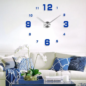 Модный 3D Средиземноморский стиль, большие синие настенные часы, зеркальная наклейка, сделай САМ, краткое оформление гостиной, настенные часы для собраний