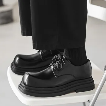Мужская кожаная обувь с квадратным носком, большой носок, толстая подошва, модная деловая повседневная обувь с высокой посадкой, мужская обувь в стиле ретро из натуральной кожи