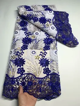 Нигерийская Сине-белая Кружевная ткань с 3D блестками 2023, Высококачественная Африканская тюлевая ткань с вышивкой, свадебное платье, сшитое сетчатое кружево, 5 ярдов