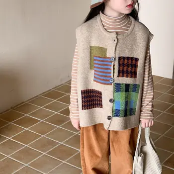 Новая детская одежда осени 2023, свитер для маленьких девочек, пальто, Корейские топы без рукавов, повседневная Свободная универсальная мода Soild Color