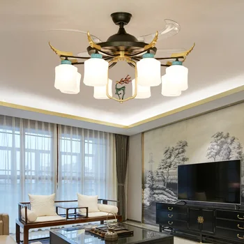 Новая люстра для китайского ресторана, невидимый потолочный вентилятор в китайском стиле, светильники для гостиной, спальни и бытовой Немой