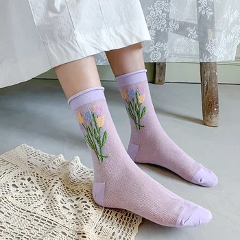 Новые летние кружевные сетчатые носки с оборками, ультратонкие сетчатые носки с цветком тюльпана, повседневные тонкие свободные носки, хлопковые носки с милым цветочным рисунком