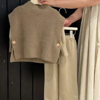 Осенняя Детская одежда 2023 года, Новый Ретро-универсальный Мягкий Клеевой Вязаный свитер в Корейском стиле Для девочек, Комплект из Трех предметов, детская одежда для девочек