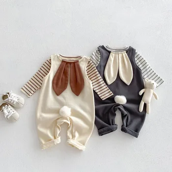 Осенняя Корейская одежда для маленьких девочек, Комплект одежды из 2 предметов, Хлопковый Полосатый топ с длинными рукавами и Заячьими ушками, Комбинезон без рукавов, костюм для новорожденных девочек Outift