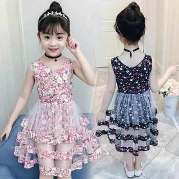 Платье с цветочным узором для девочек, детская одежда, летний стиль, модная одежда, детское кружевное газовое платье большого размера, платье принцессы,