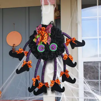 Подвесное украшение на дверь в виде паука на Хэллоуин с бантиками из мягкой ткани, Мультяшный Настенный декор в виде паука на нескольких ножках, Венок для вечеринок