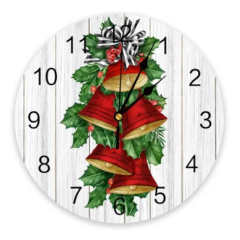 Рождественские сосновые иголки, красные колокольчики, деревянные настенные часы, бесшумные цифровые часы для украшения дома, спальни, кухни, подвесные часы