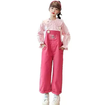 Розовые комплекты для девочек-подростков 2023, осенняя рубашка с длинными рукавами + комбинезон, костюм-двойка для милых девочек, одежда 12, 13, 14 лет, наряды