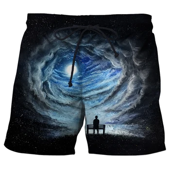 Романтические мужские пляжные шорты с 3D-принтом и видом на звездное небо, повседневные свободные прямые спортивные штаны