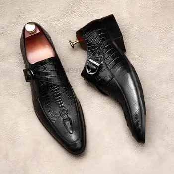 Роскошные мужские туфли из натуральной кожи с ремешком Монаха, черные Лоферы с крокодиловым узором на кончике крыла, мужские модельные туфли, Свадебные офисные туфли, мужские