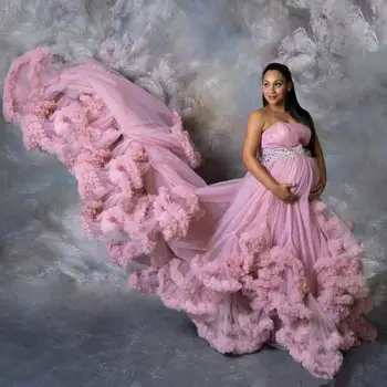 Роскошные тюлевые платья для беременных без бретелек, без рукавов, с оборками, Пушистое платье для фотосессии во время беременности, Очень Пышные платья для фотосъемки