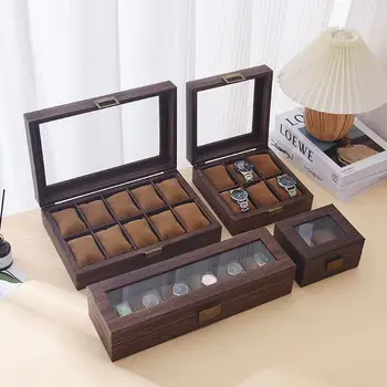 Роскошный деревянный корпус для часов коричневого цвета с большой стеклянной крышкой, коробки для домашних часов, органайзер, подарок для близких