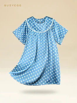 Свежая ночная рубашка для девочек с принтом в синий горошек, детская пижама из натурального шелка, детское летнее детское пижамное платье из натурального шелка