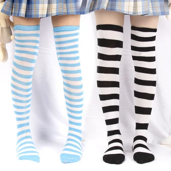 Сексуальные длинные носки выше колена в Японскую черно-белую полоску для женщин, дам и девочек, хлопковые теплые чулки из аниме 