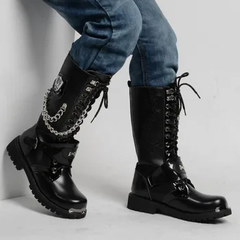 Тактические военные ботинки для пустыни с высоким берцем, мужские кожаные ботинки для верховой езды, модные зимние мужские уличные армейские мотоциклетные ботинки до середины икры в стиле панк