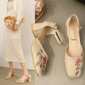 Тонкие туфли на высоком каблуке bagotou в китайском стиле в винтажном стиле с вышивкой Mary Jane