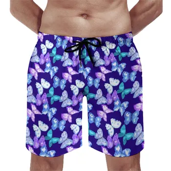 Фиолетовые пляжные шорты с бабочкой, летние милые пляжные шорты с животным принтом, мужские спортивные плавки для фитнеса, быстросохнущие плавки с принтом