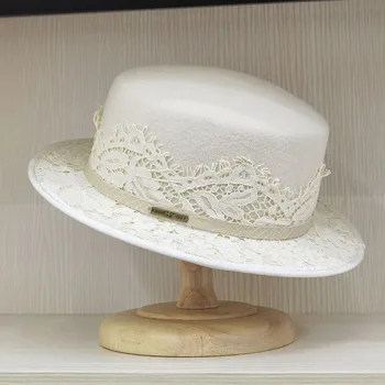Шерстяная фетровая шляпа Канотье, Черная Широкополая шляпа, Мужские И женские фетровые шляпы в западном стиле, Шерстяная шляпа с кружевным цветочным поясом