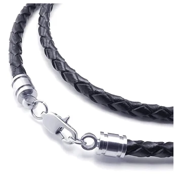Ювелирное Мужское ожерелье - Шнур 3 мм - Кожа - Нержавеющая сталь - для мужчин - Цвет Черный, серебристый - С подарочной сумкой - 60 см